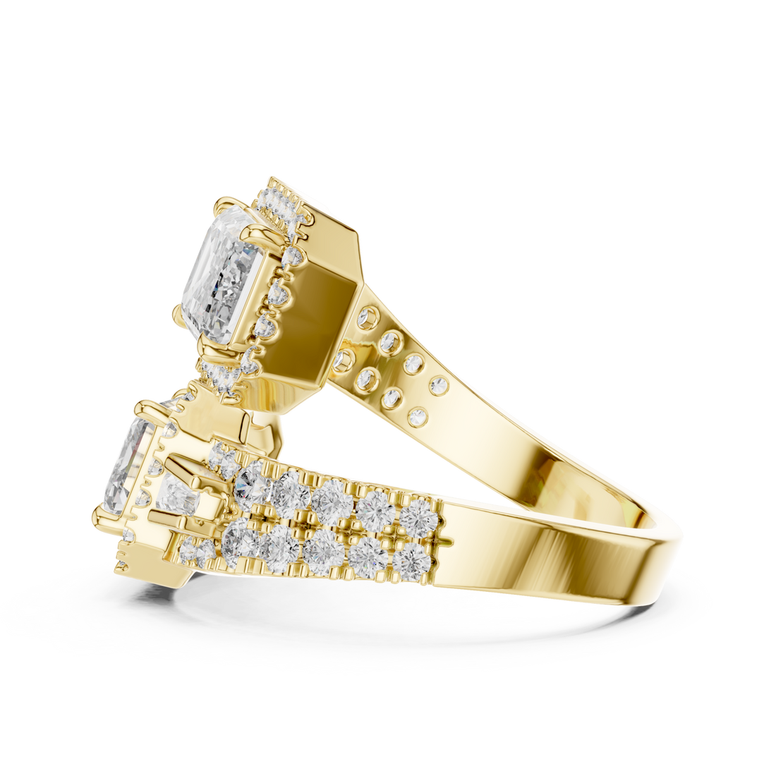Emerald halo duo bypass ring yellow gold front view