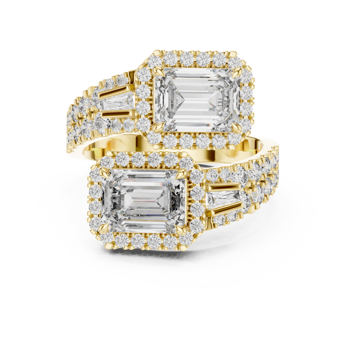 Emerald halo duo bypass ring yellow gold detail view