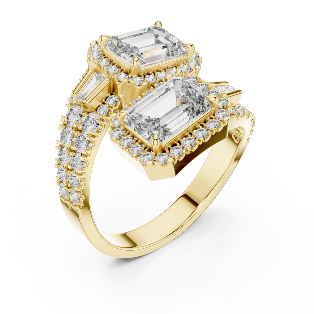 Emerald halo duo bypass ring yellow gold front view