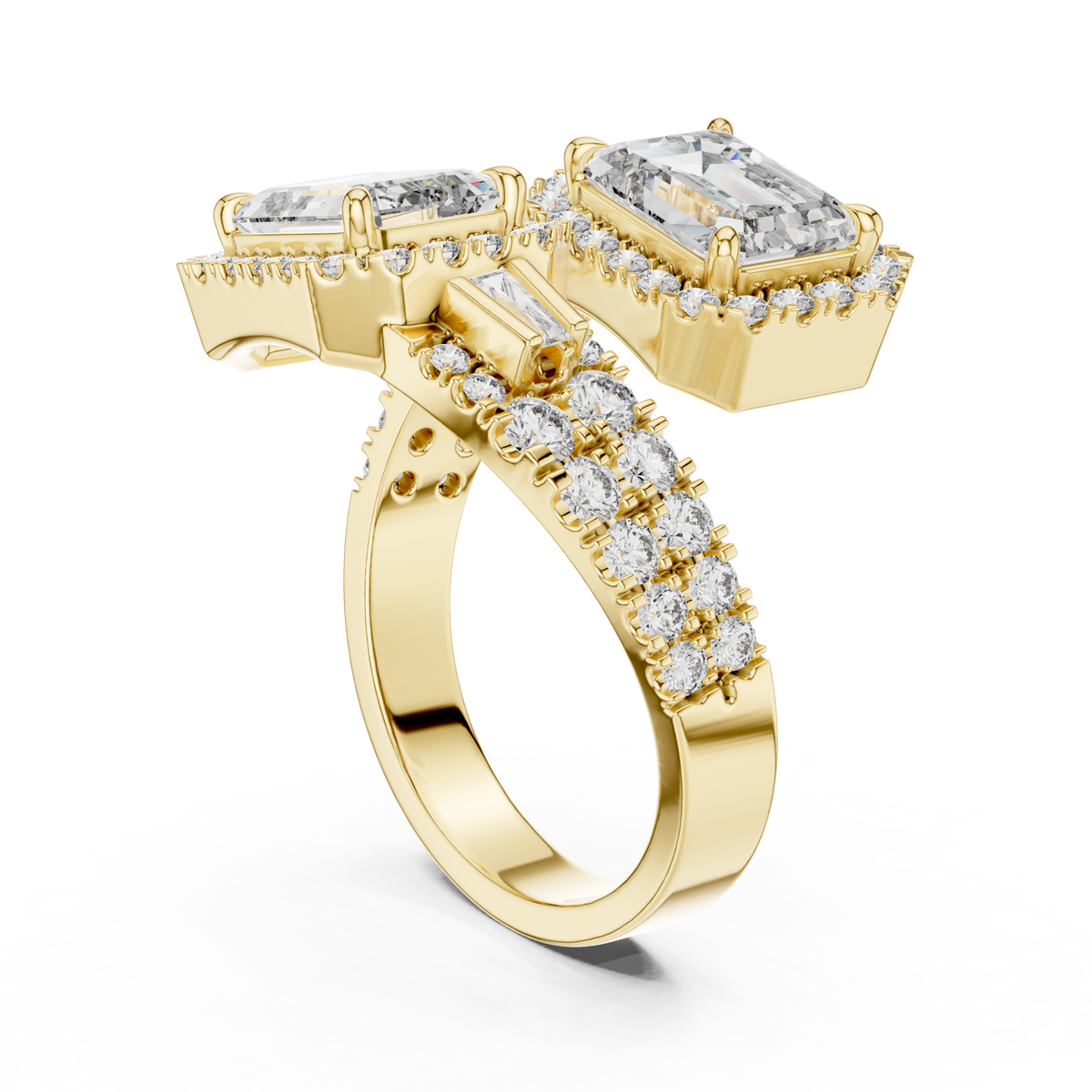 Emerald halo duo bypass ring yellow gold side view