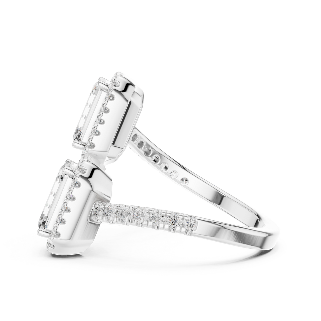 Emerald halo duo open ring white gold front view