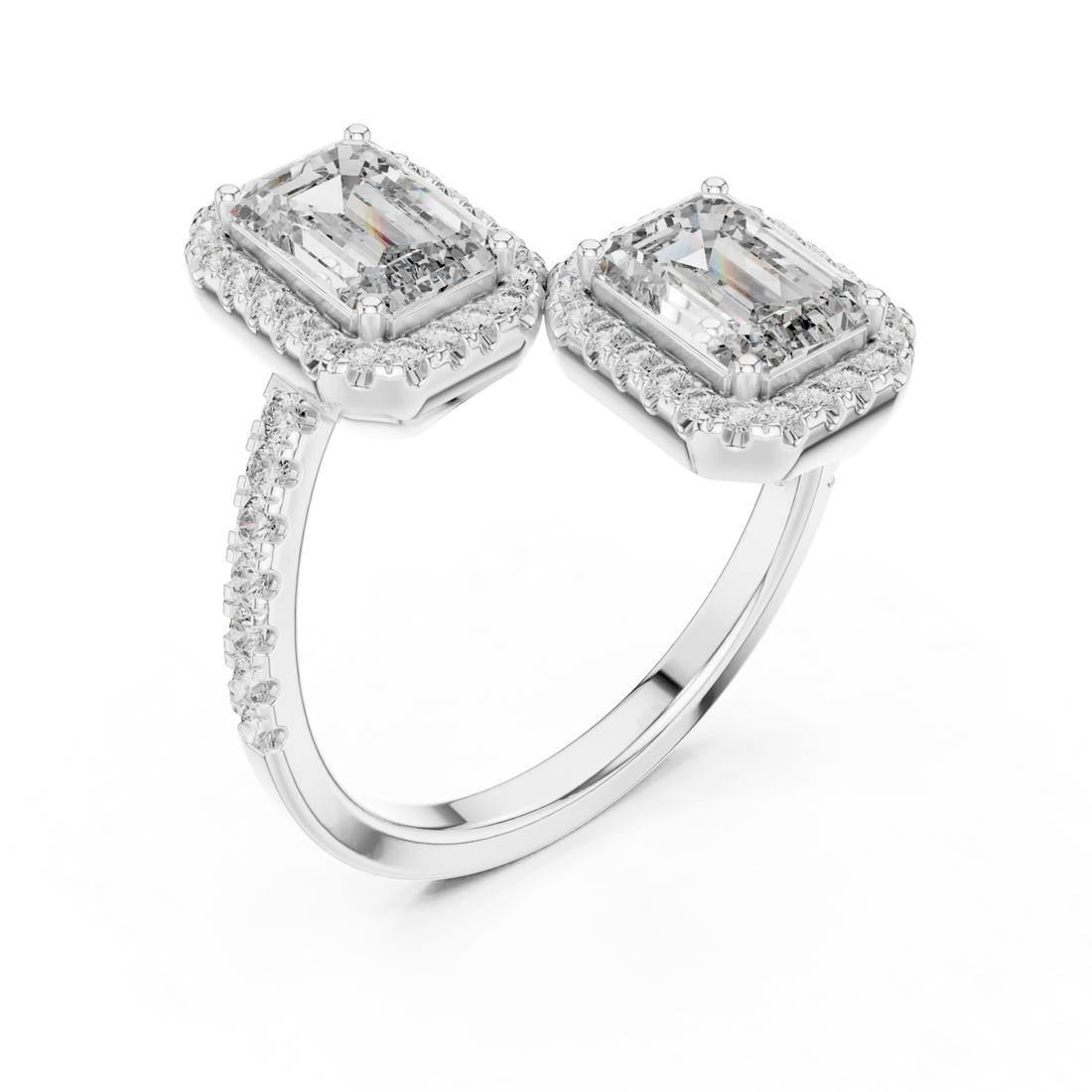 Emerald halo duo open ring white gold front view