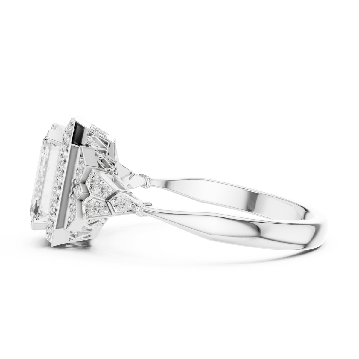 Emerald halo graduated steps engagement ring white gold angle view