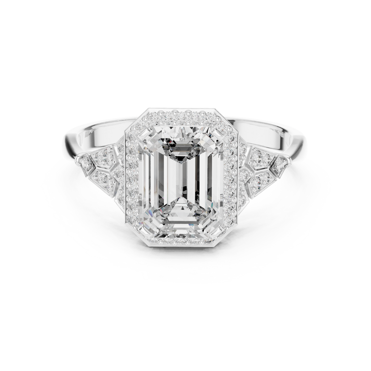 Emerald halo graduated steps engagement ring white gold detail view
