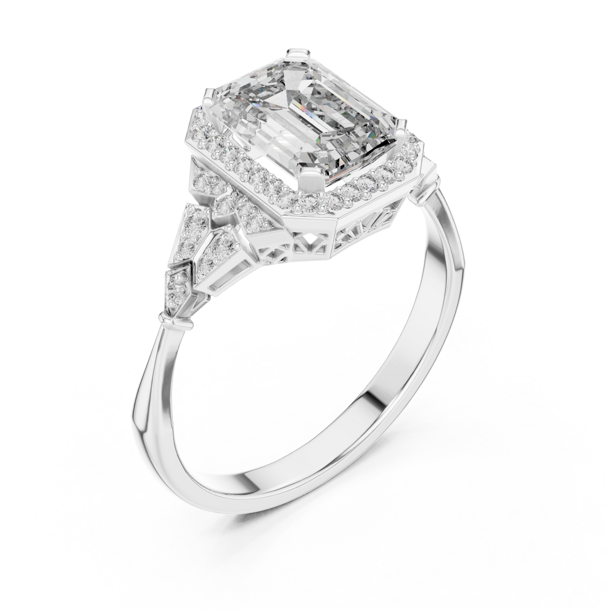 Emerald halo graduated steps engagement ring white gold front view