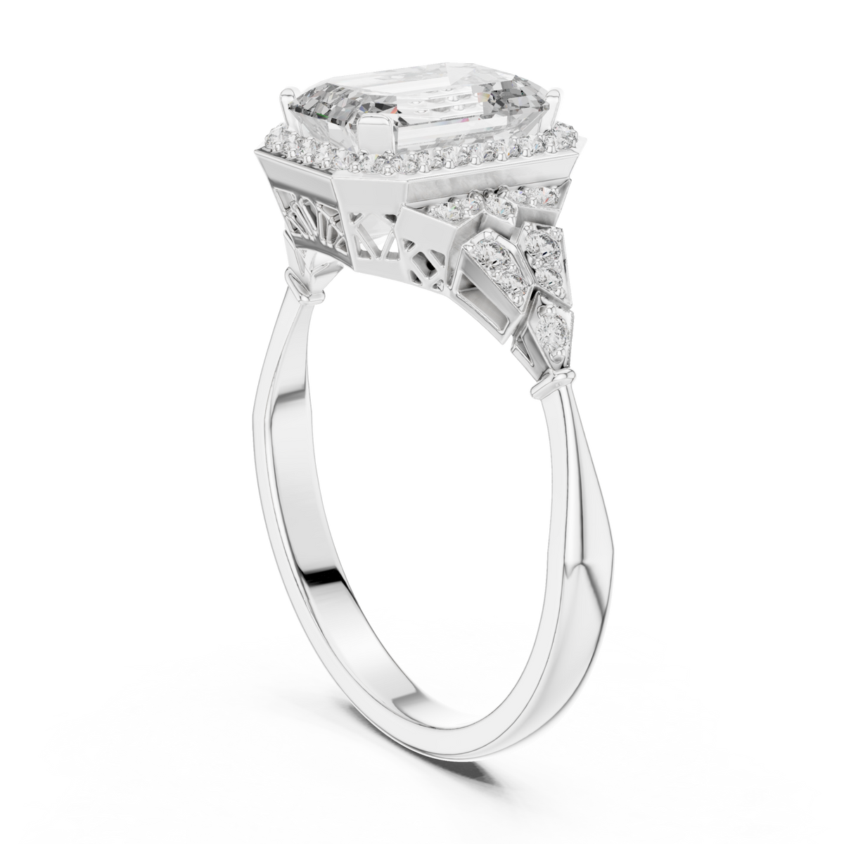 Emerald halo graduated steps engagement ring white gold side view