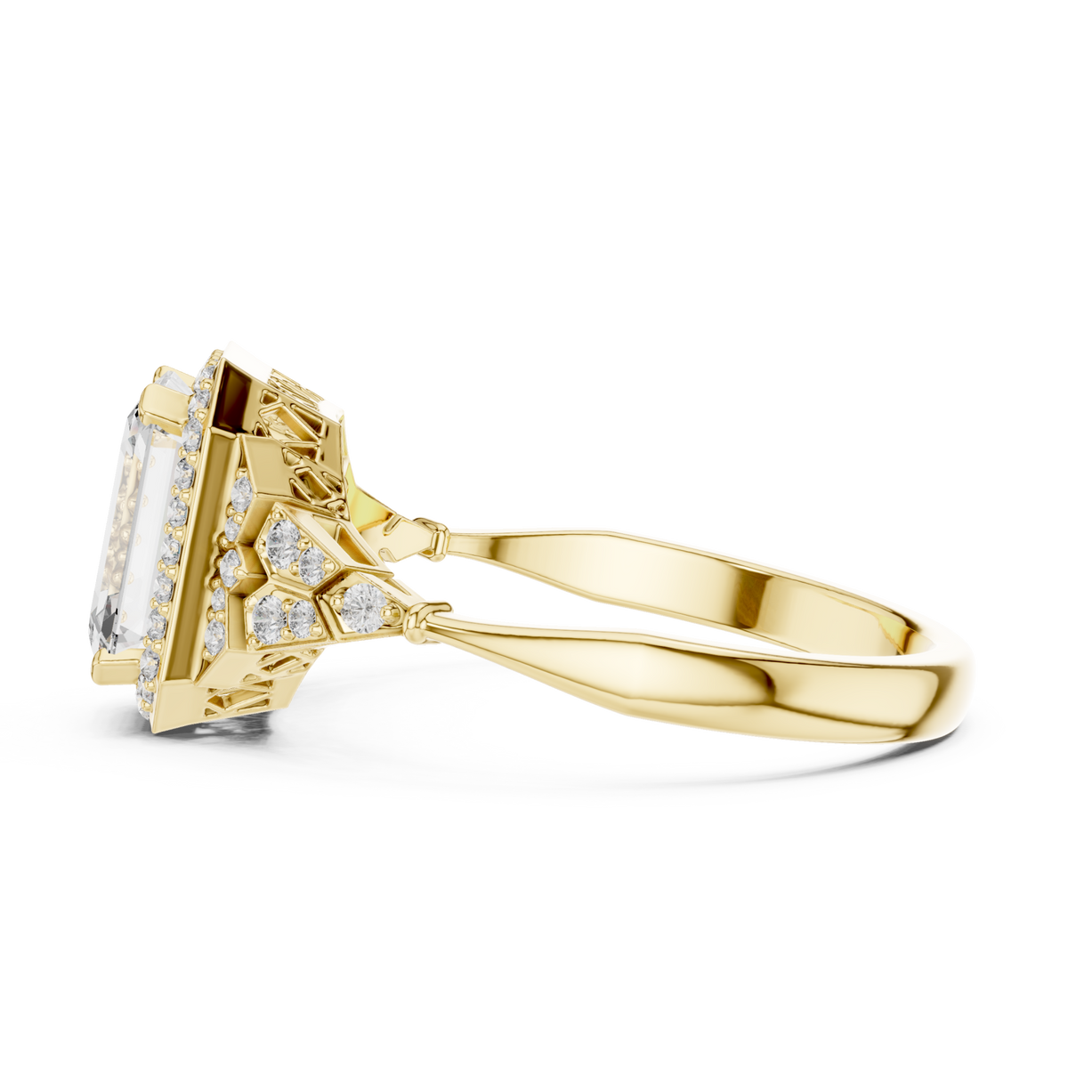 Emerald halo graduated steps engagement ring yellow gold angle view