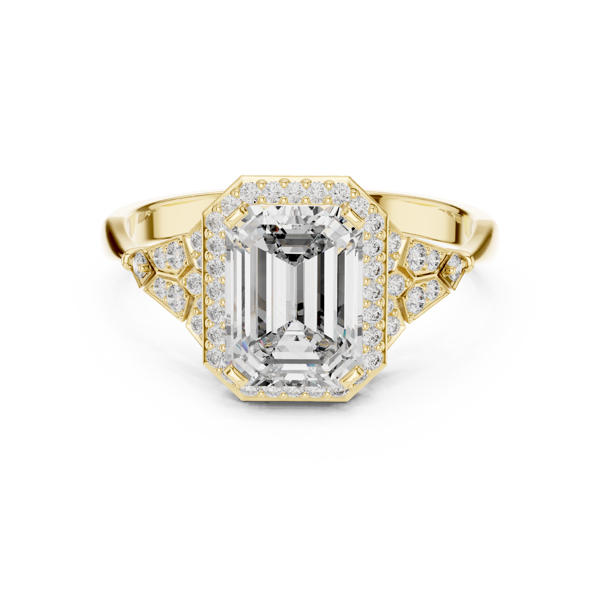 Emerald halo graduated steps engagement ring yellow gold detail view