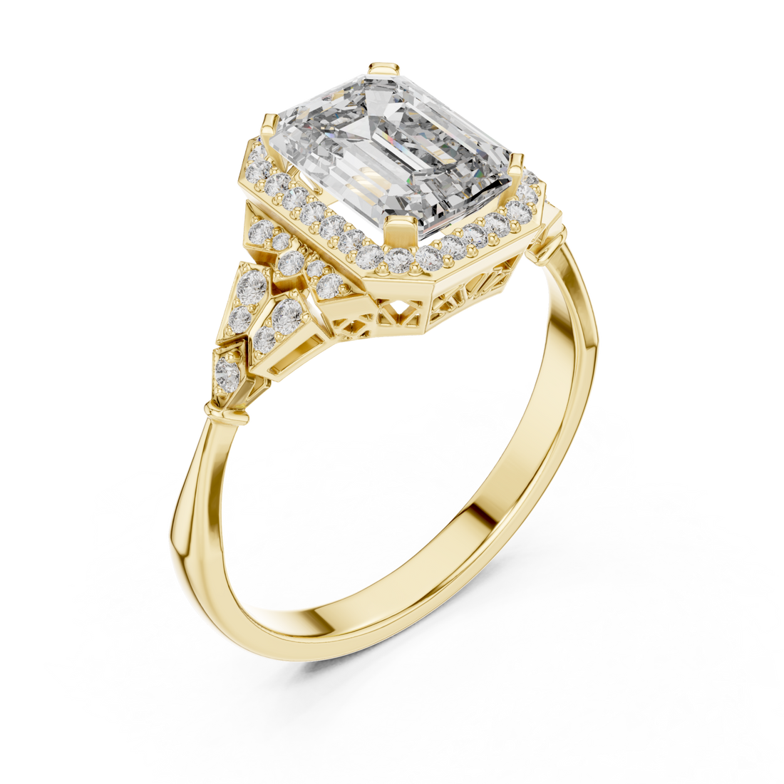 Emerald halo graduated steps engagement ring yellow gold front view