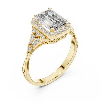Emerald halo graduated steps engagement ring yellow gold front view