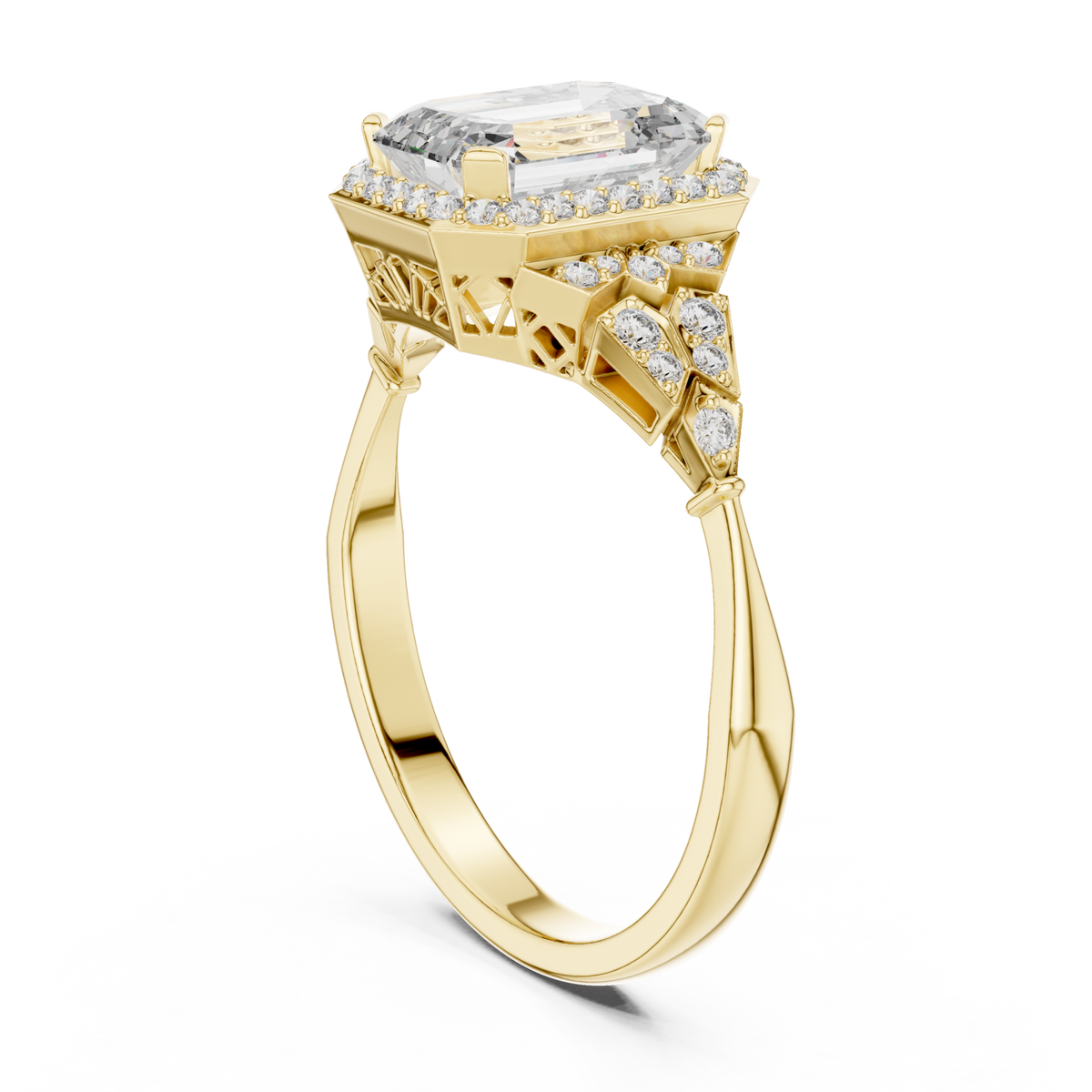 Emerald halo graduated steps engagement ring yellow gold side view