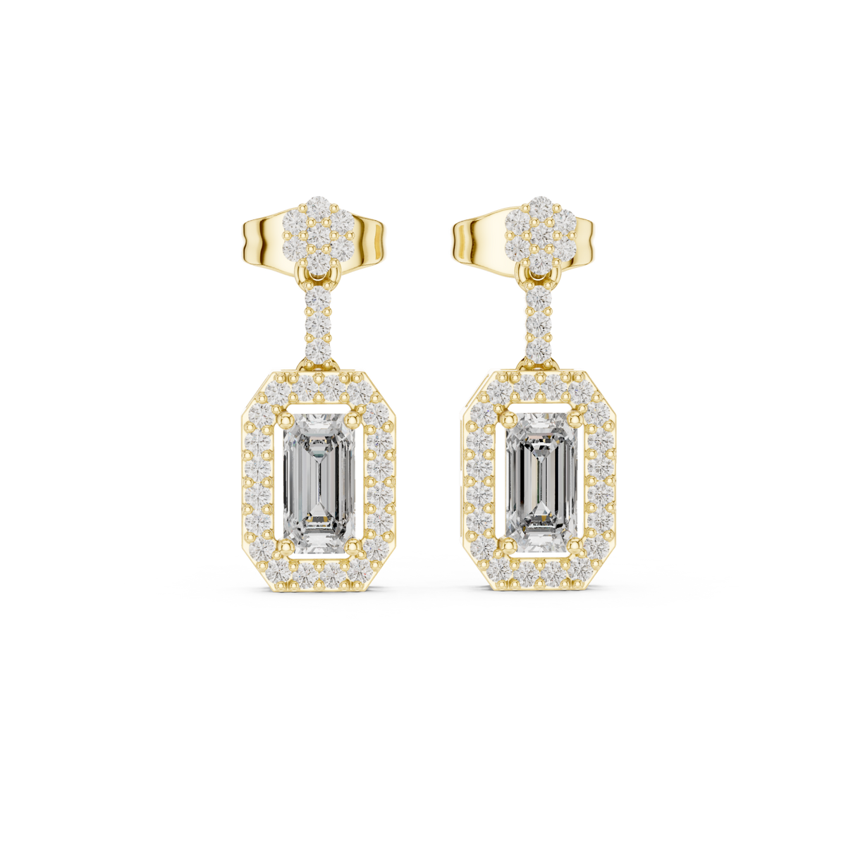  Gold Emerald Halo Octagon Drop Earrings Detail View