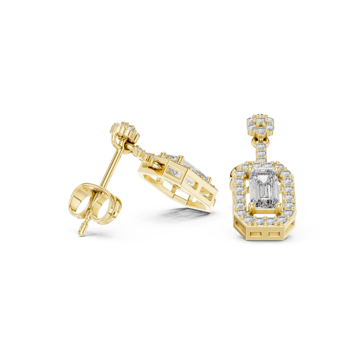  Gold Emerald Halo Octagon Drop Earrings Side View