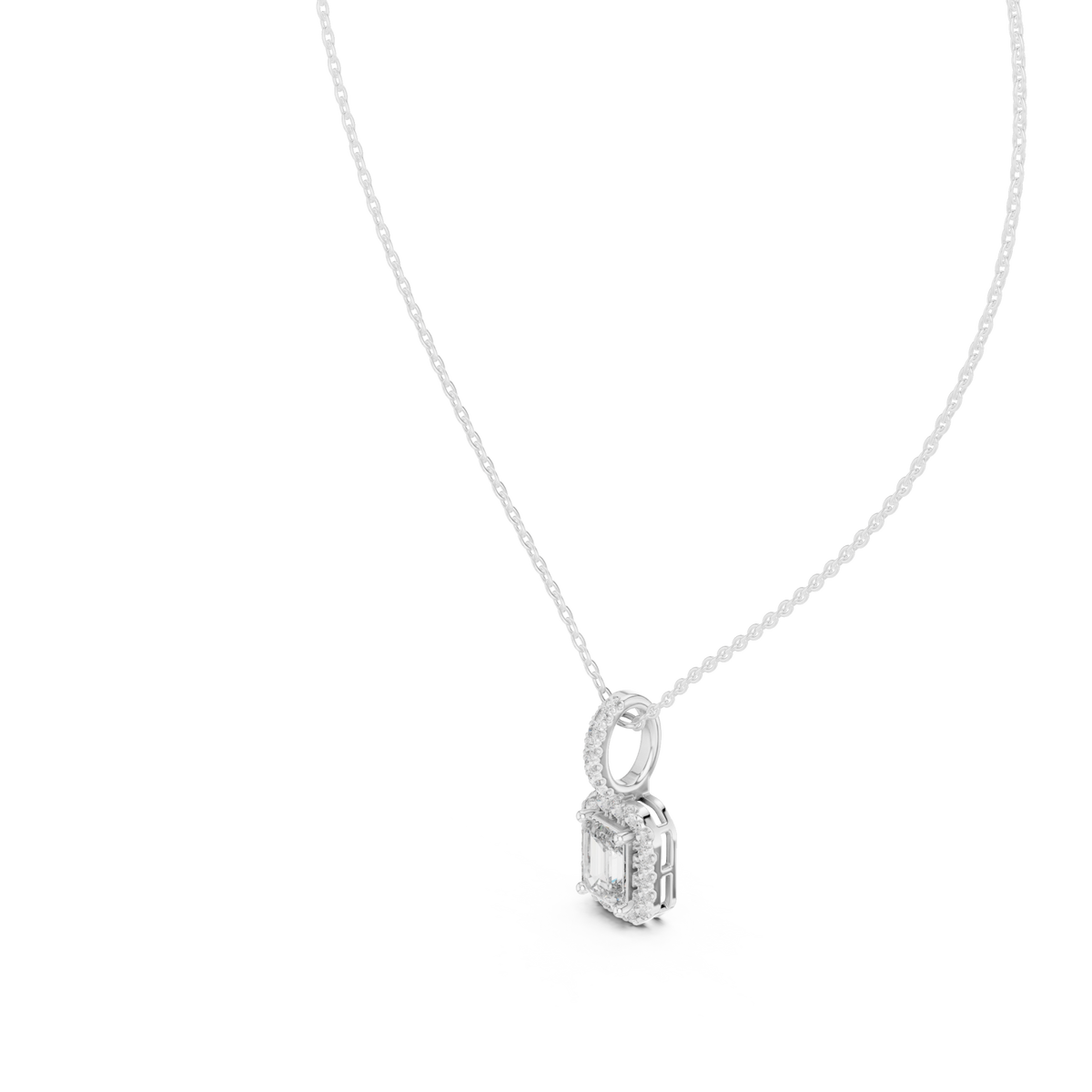 Emerald halo pendant with pave bail white gold angle view