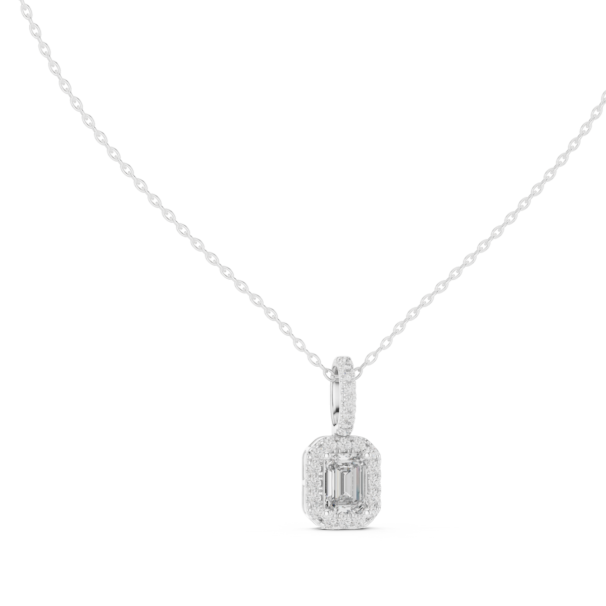 Emerald halo pendant with pave bail white gold front view
