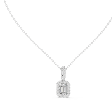 Emerald halo pendant with pave bail white gold front view