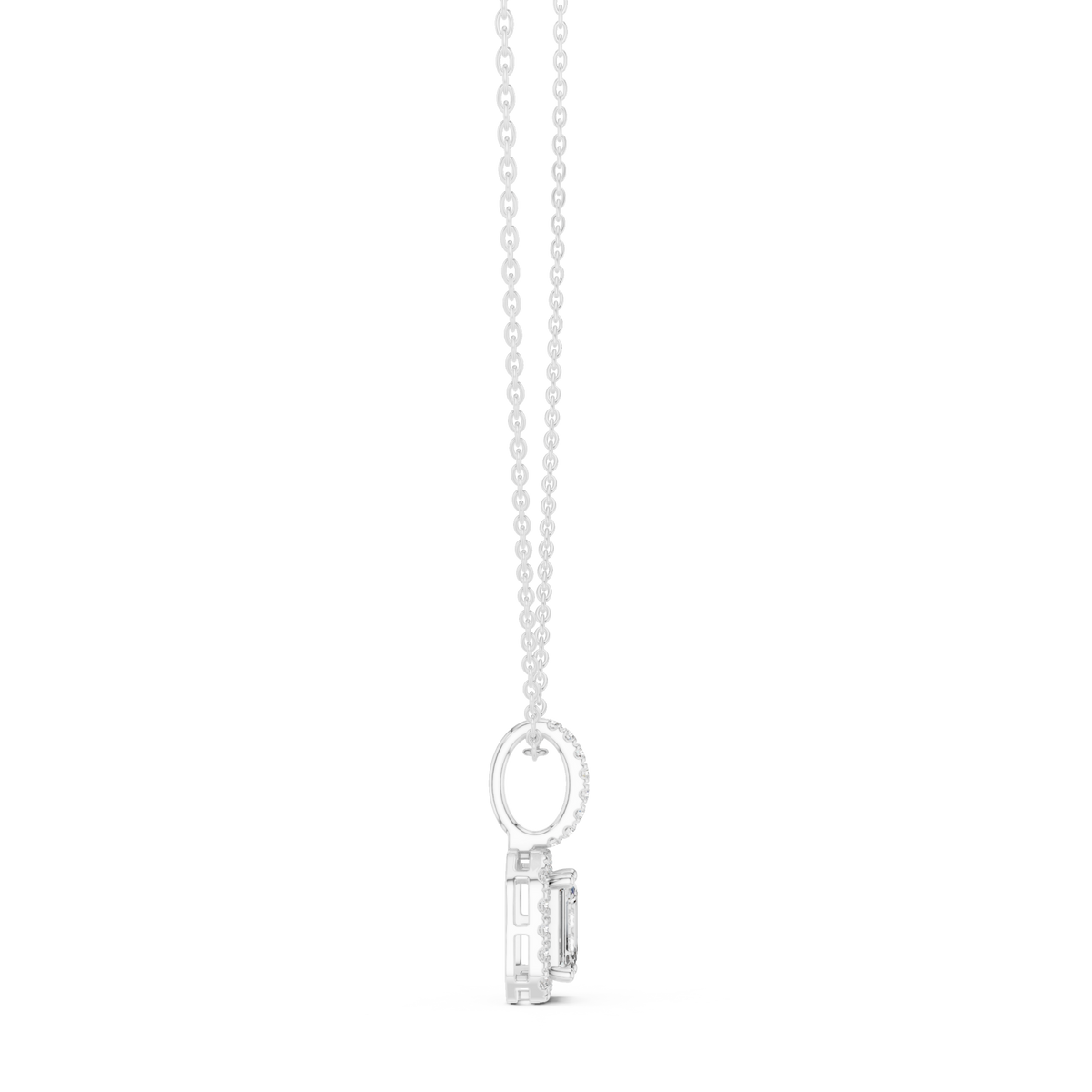 Emerald halo pendant with pave bail white gold side view