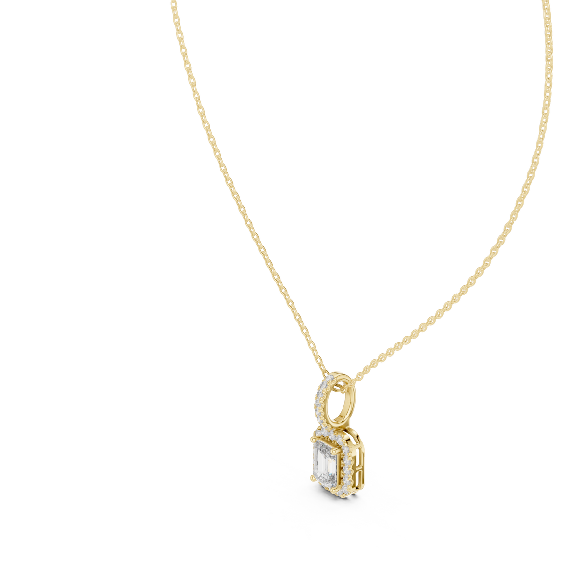 Emerald halo pendant with pave bail yellow gold angle view