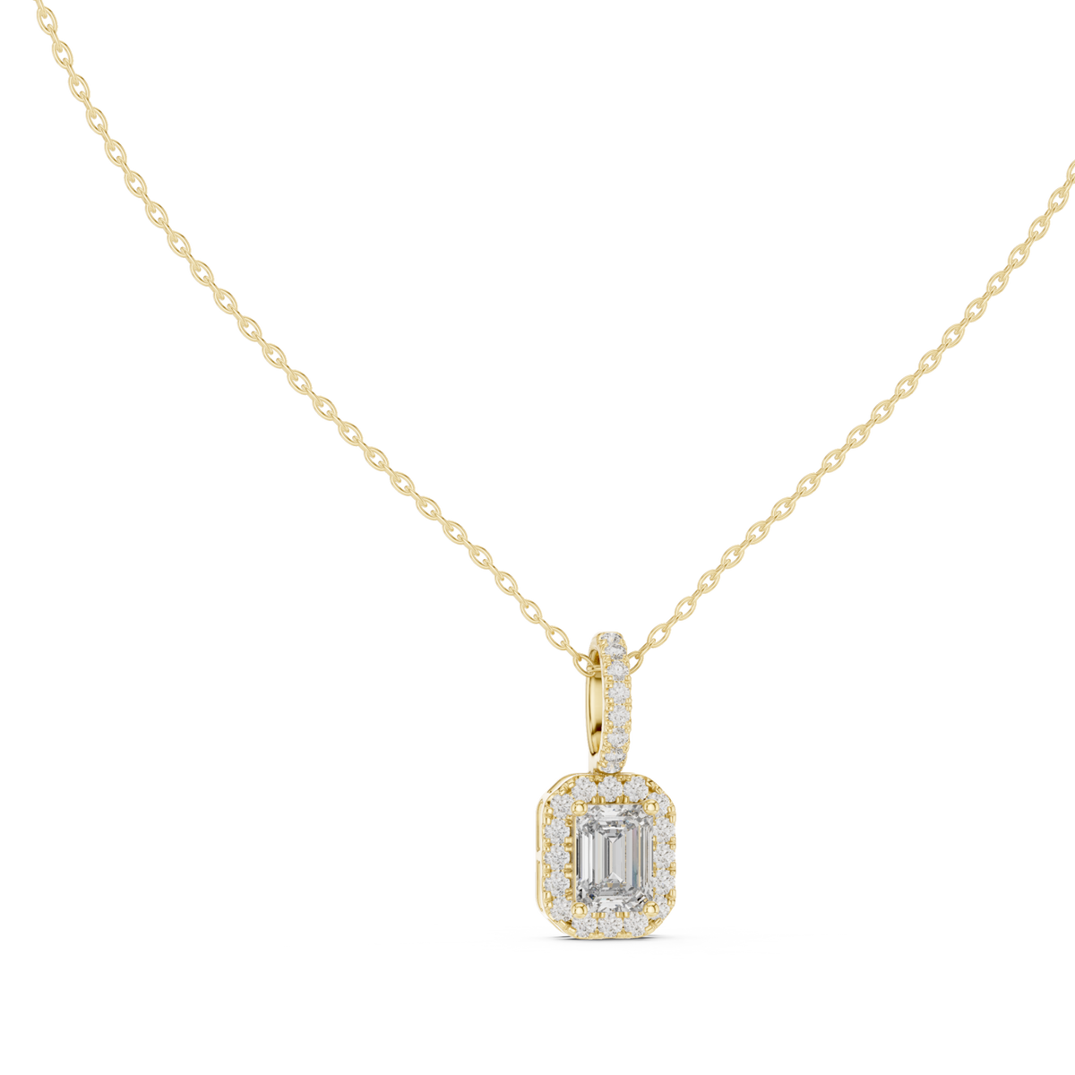 Emerald halo pendant with pave bail yellow gold front view