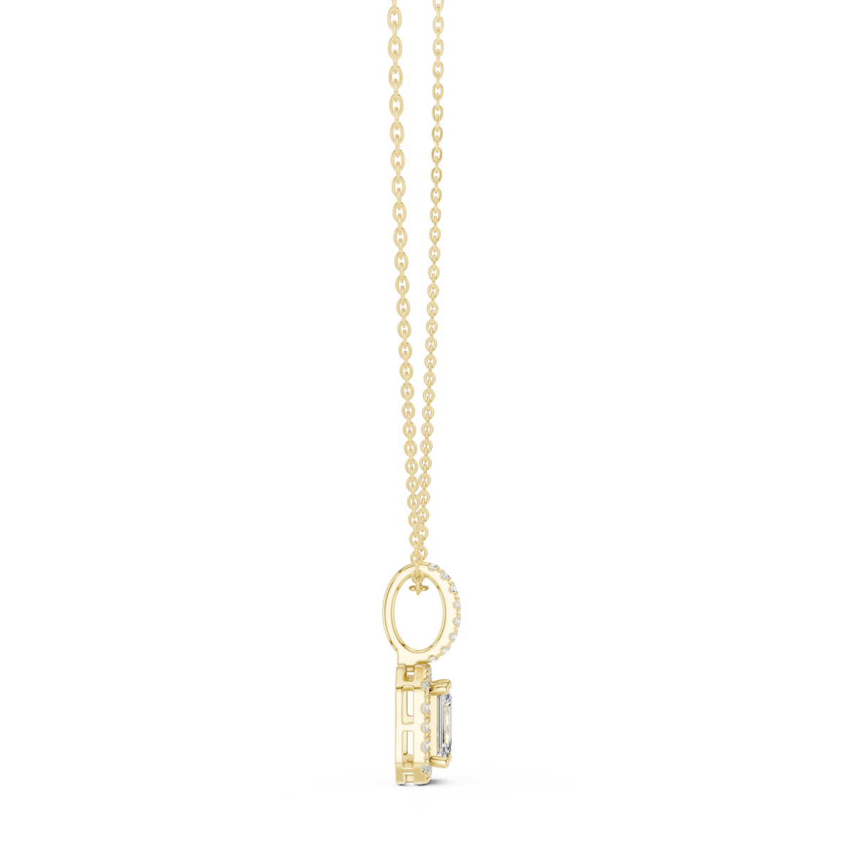 Emerald halo pendant with pave bail yellow gold side view