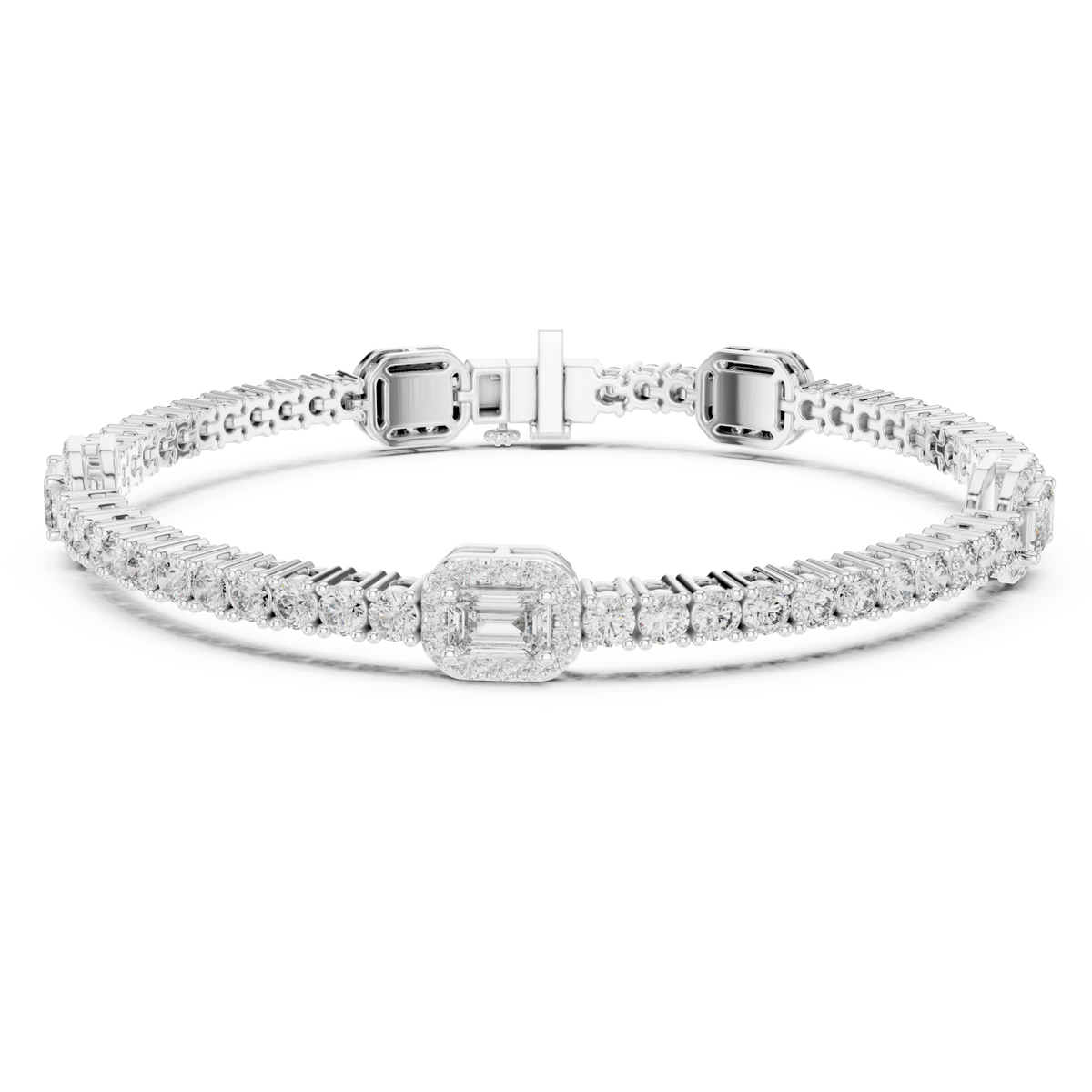  White Gold Emerald Halo Station Tennis Bracelet Detail View