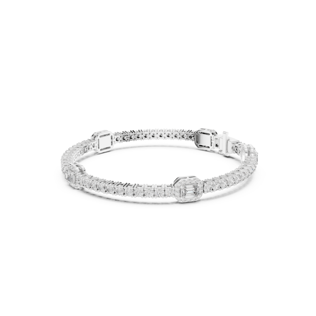  White Gold Emerald Halo Station Tennis Bracelet Front View