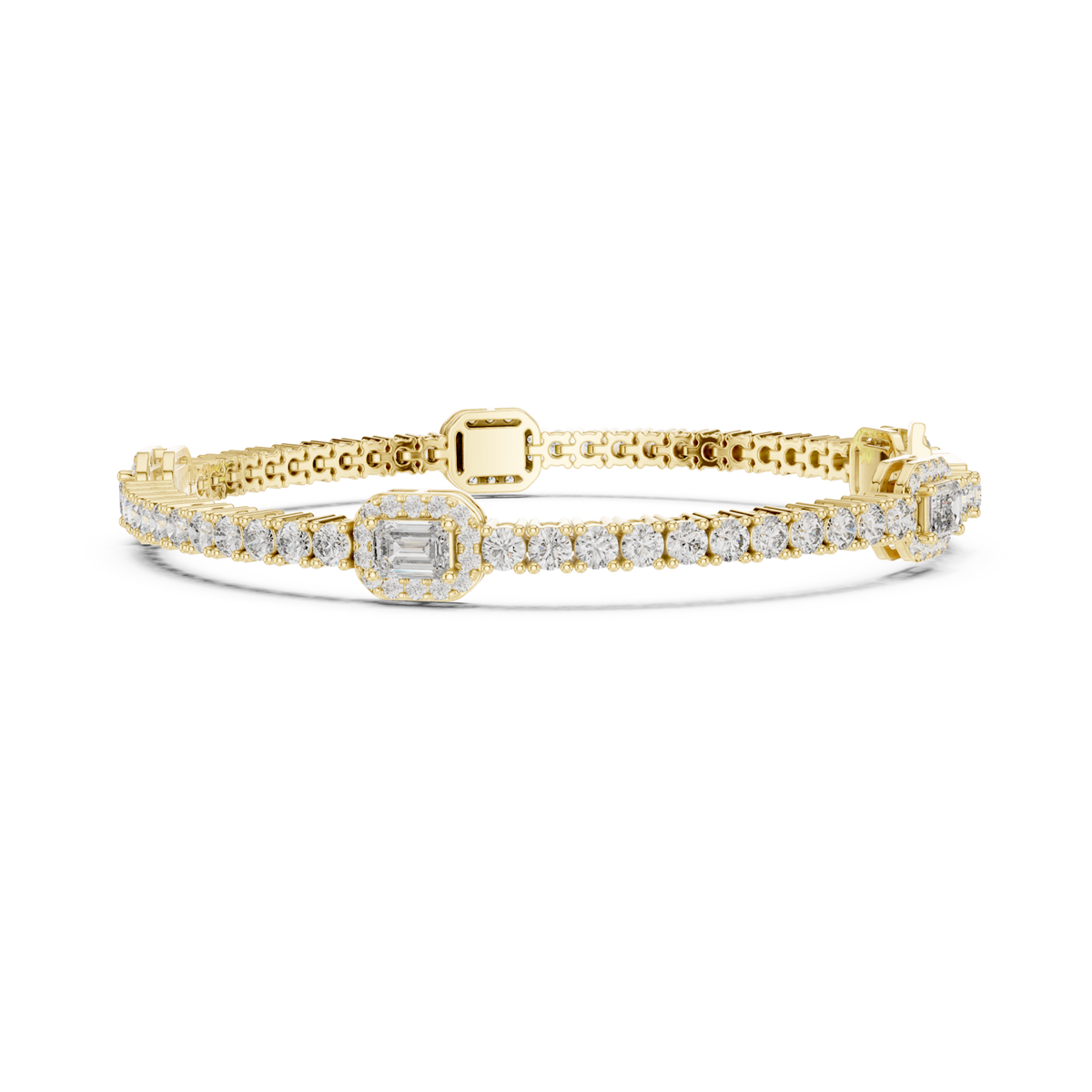  Gold Emerald Halo Station Tennis Bracelet Angle View