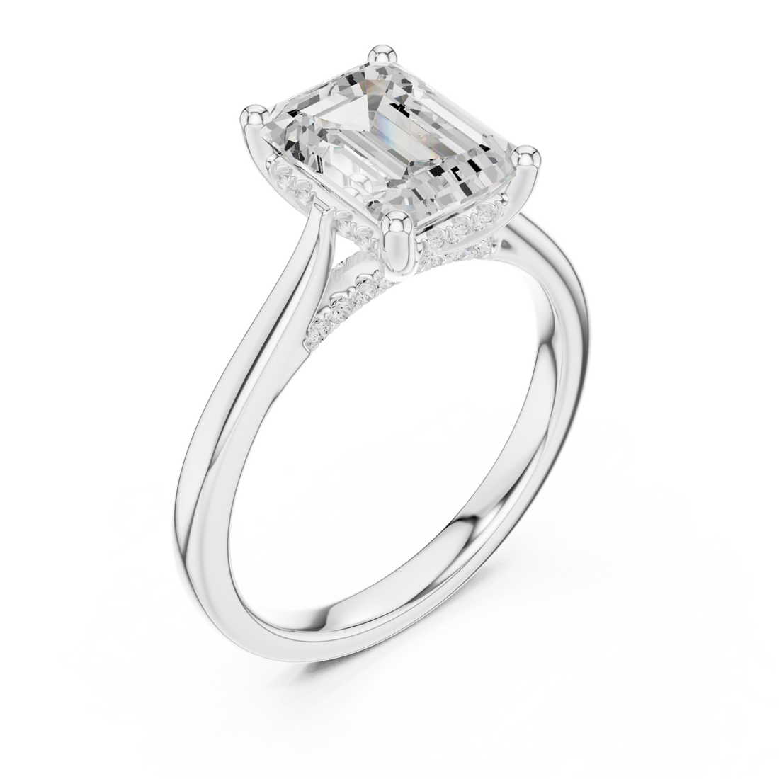 Emerald hidden halo cathedral solitaire engagement ring white gold front view