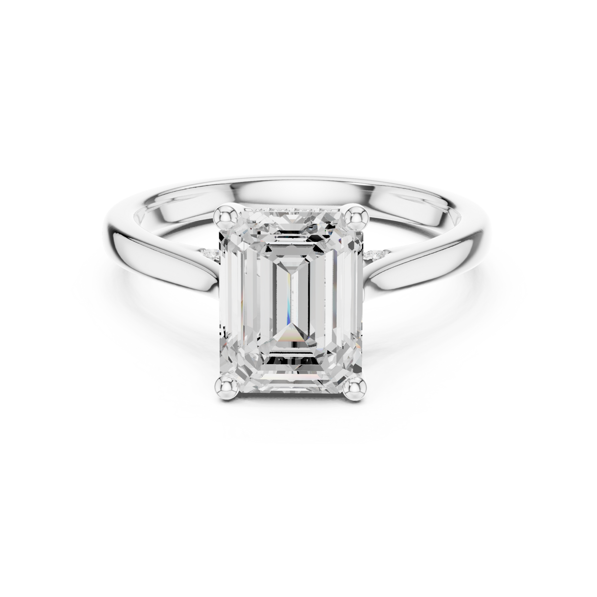 Emerald hidden halo cathedral solitaire engagement ring white gold detail view