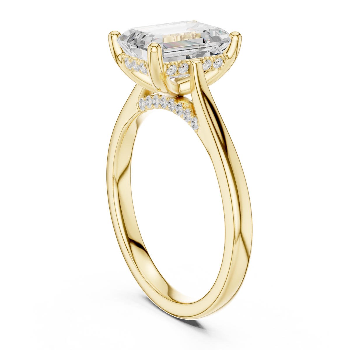 Emerald hidden halo cathedral solitaire engagement ring yellow gold front view