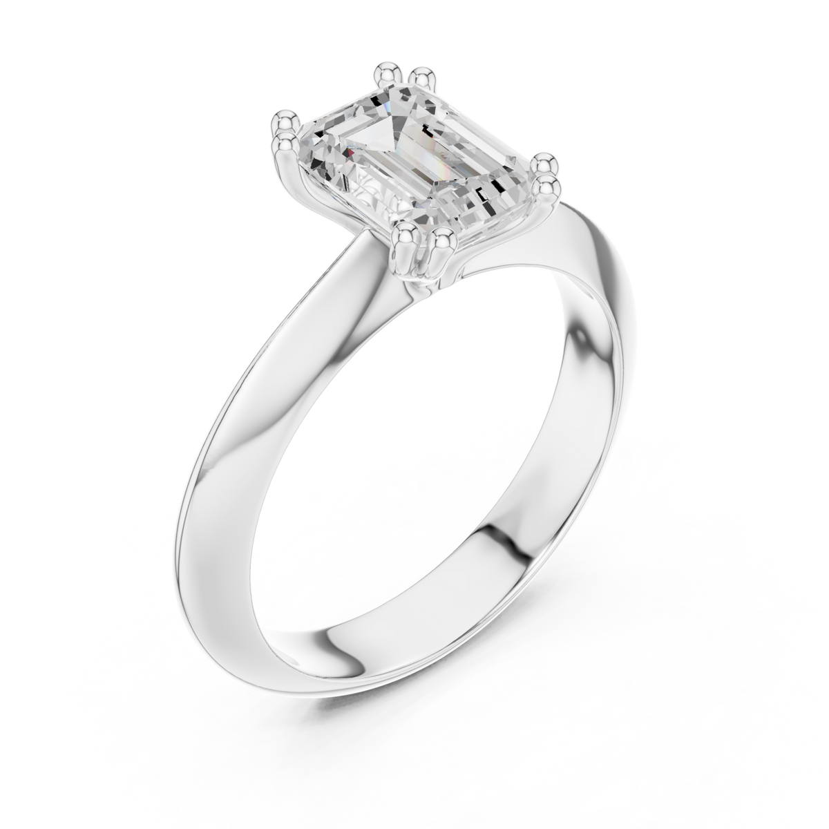 Emerald knife-edge solitaire engagement ring white gold angle view