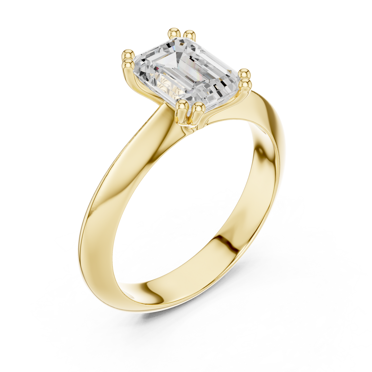 Emerald knife-edge solitaire engagement ring yellow gold angle view