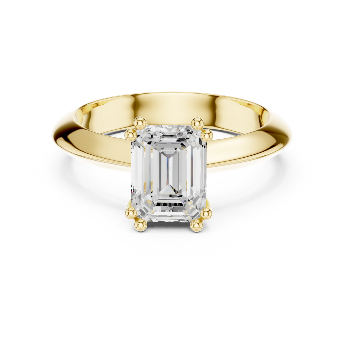 Emerald knife-edge solitaire engagement ring yellow gold detail view