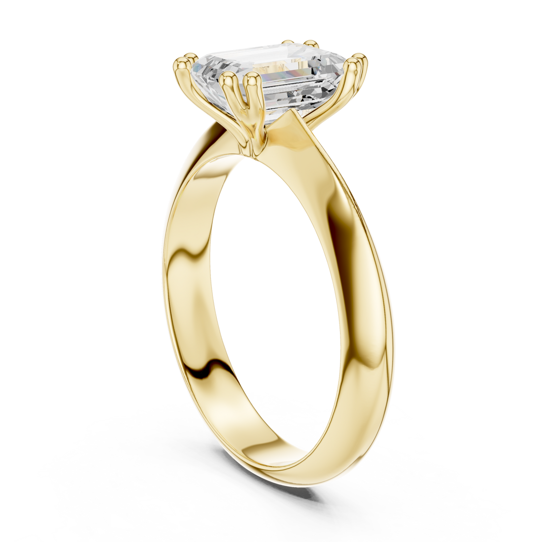 Emerald knife-edge solitaire engagement ring yellow gold front view
