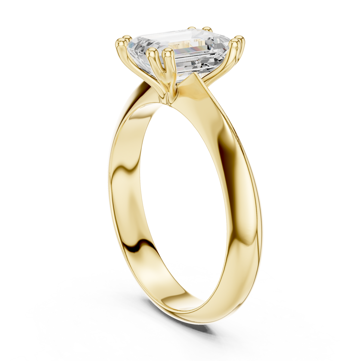 Emerald knife-edge solitaire engagement ring yellow gold front view