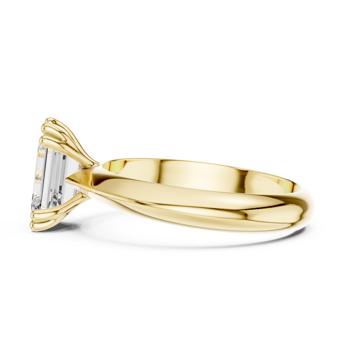 Emerald knife-edge solitaire engagement ring yellow gold side view