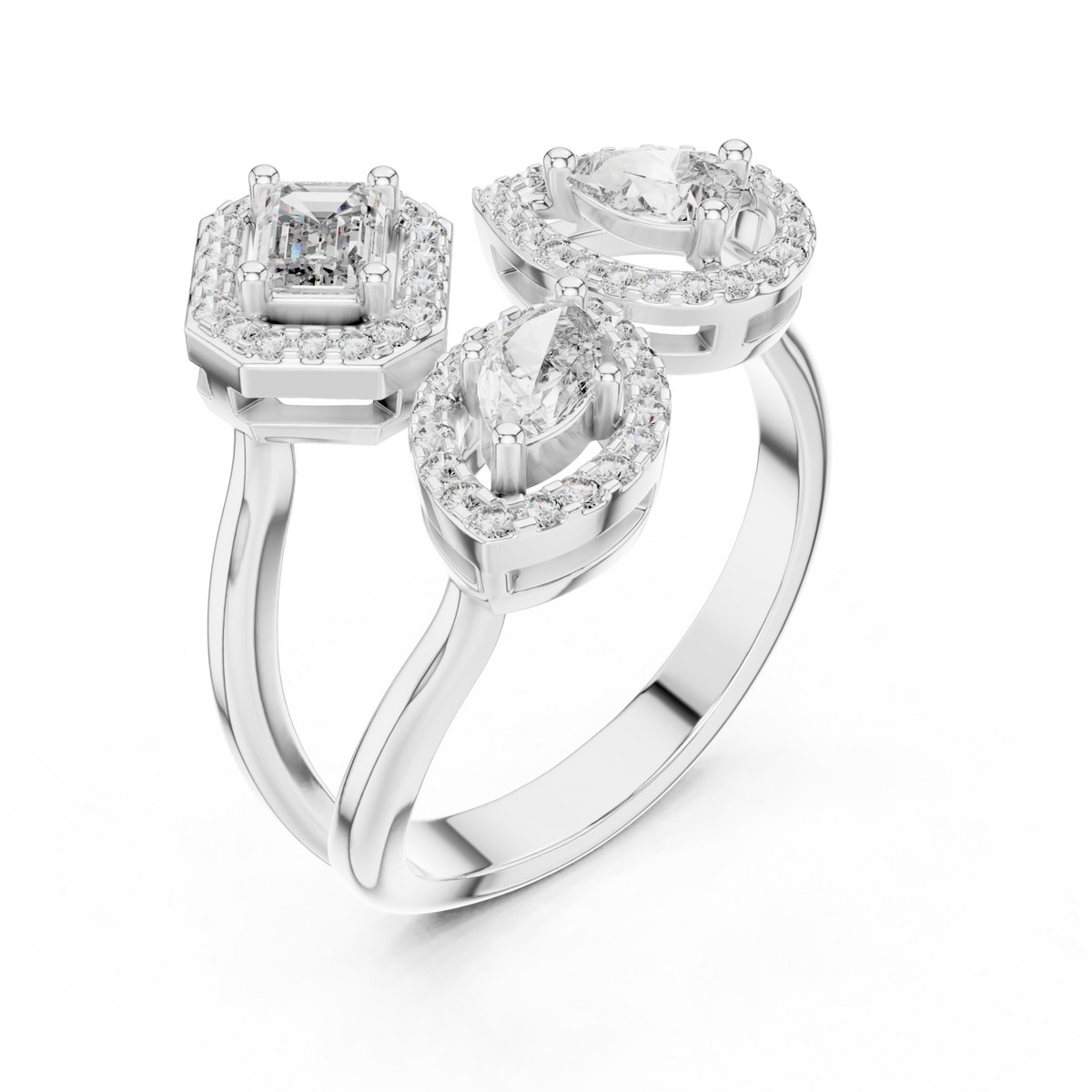 Emerald marquise pear halo trio ring white gold front view