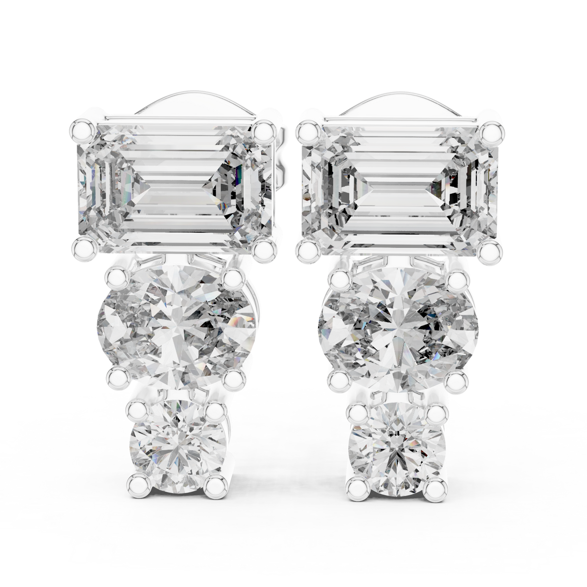  White Gold Emerald, Oval and Round Graduated Studs Front View