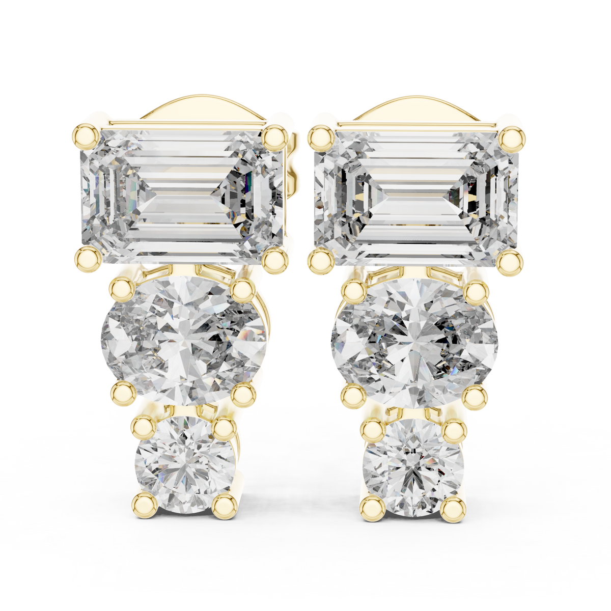 Gold Emerald, Oval and Round Graduated Studs Front View