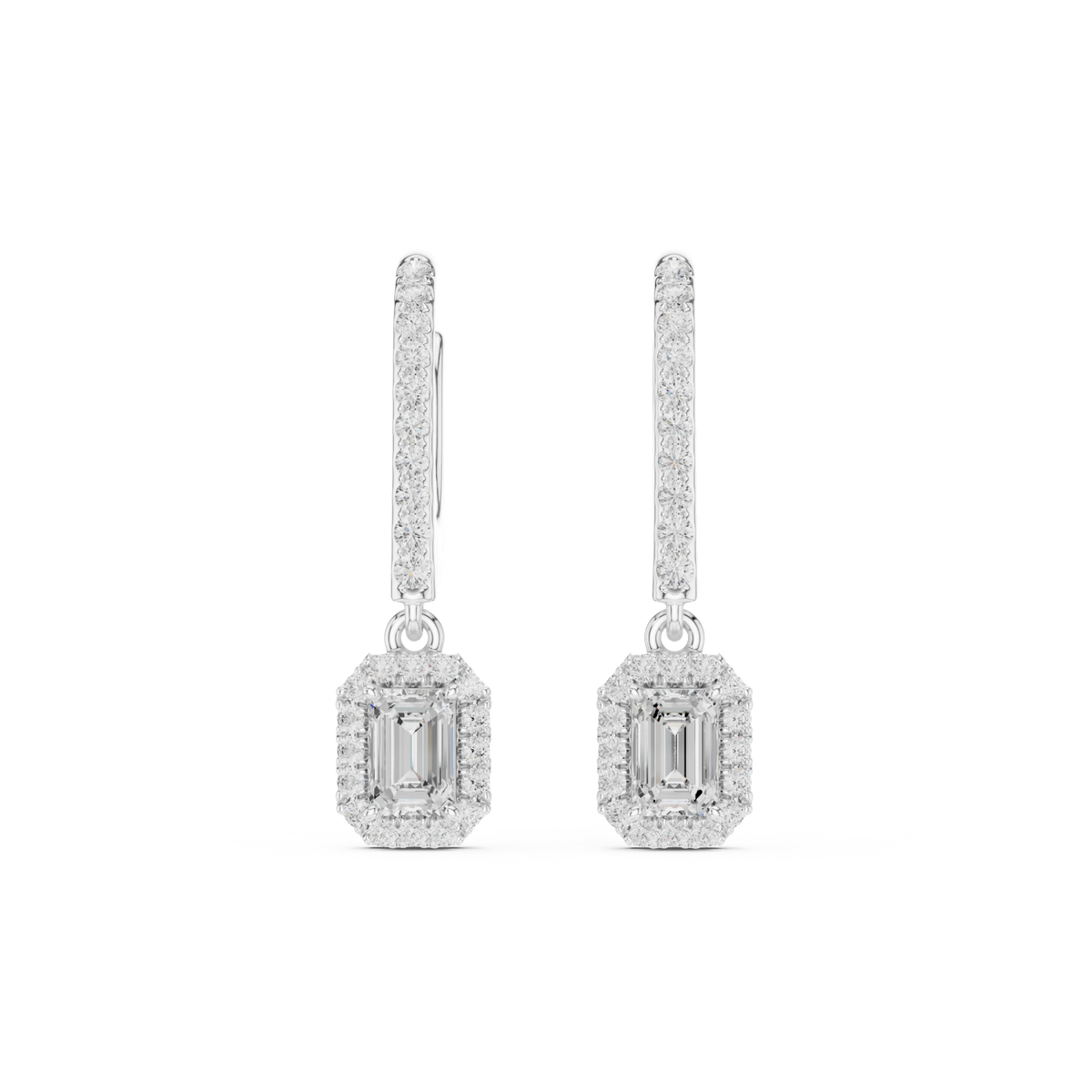  White Gold Emerald Pave Bar Halo Drop Earrings Detail View