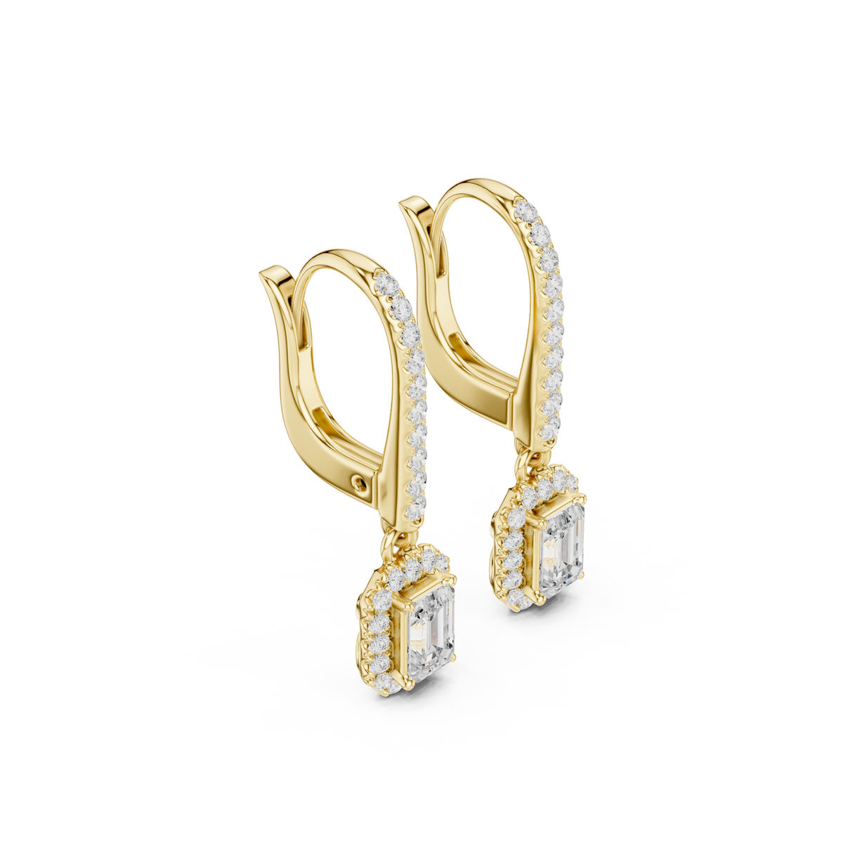 Gold Emerald Pave Bar Halo Drop Earrings Front View