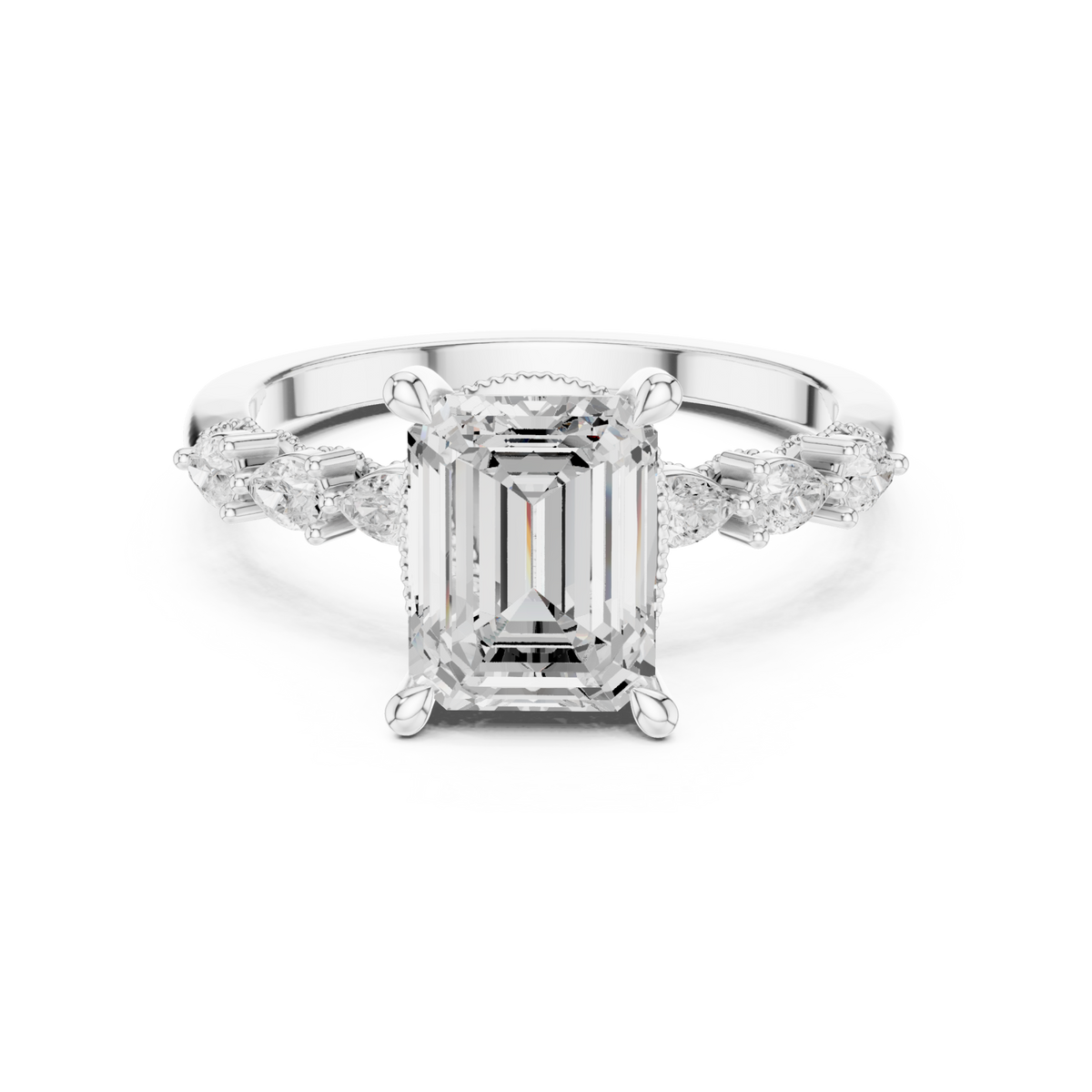 Emerald pear accent engagement ring white gold detail view