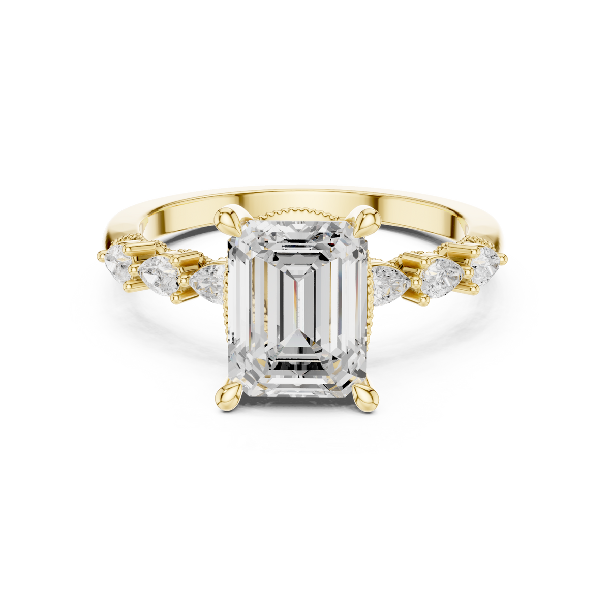 Emerald pear accent engagement ring yellow gold detail view