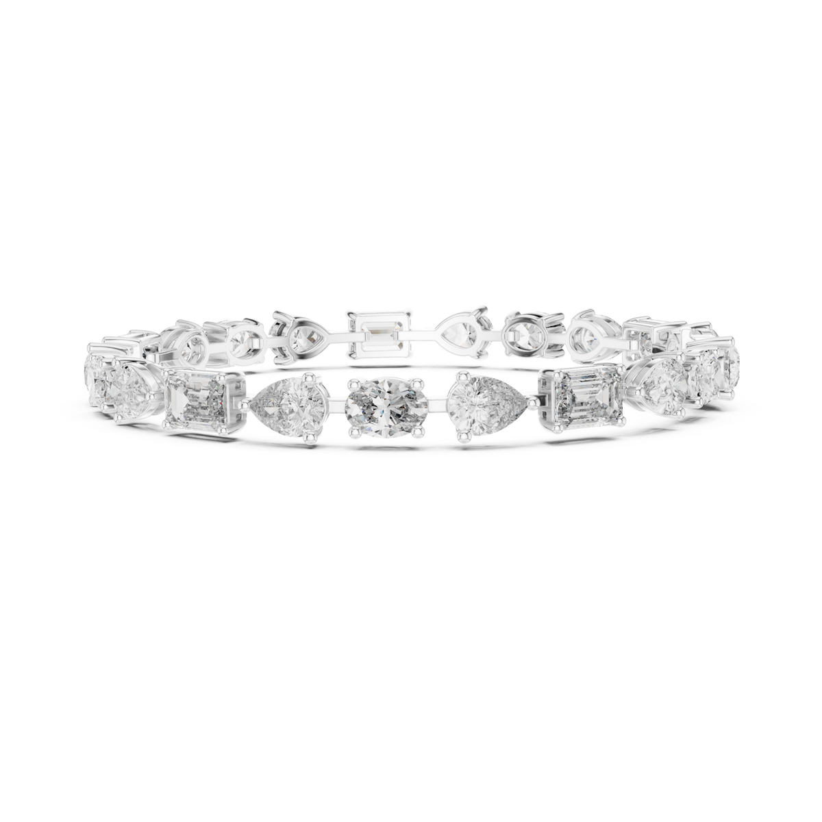  White Gold Emerald, Pear and Oval Alternating Tennis Bracelet Angle View
