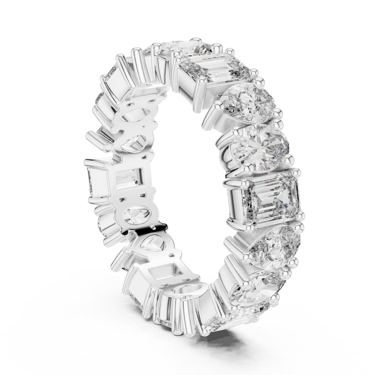 Emerald pear and oval eternity band white gold side view
