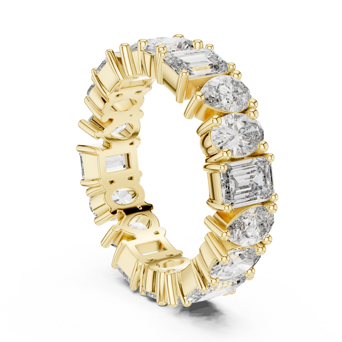 Emerald pear and oval eternity band yellow gold side view