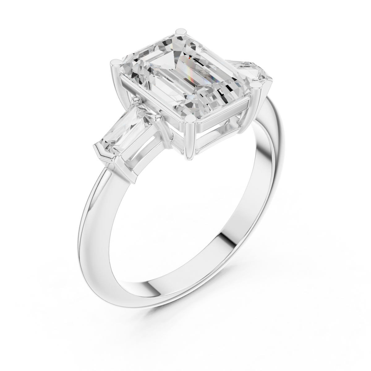 Emerald petite baguette three stone engagement ring white gold angle view