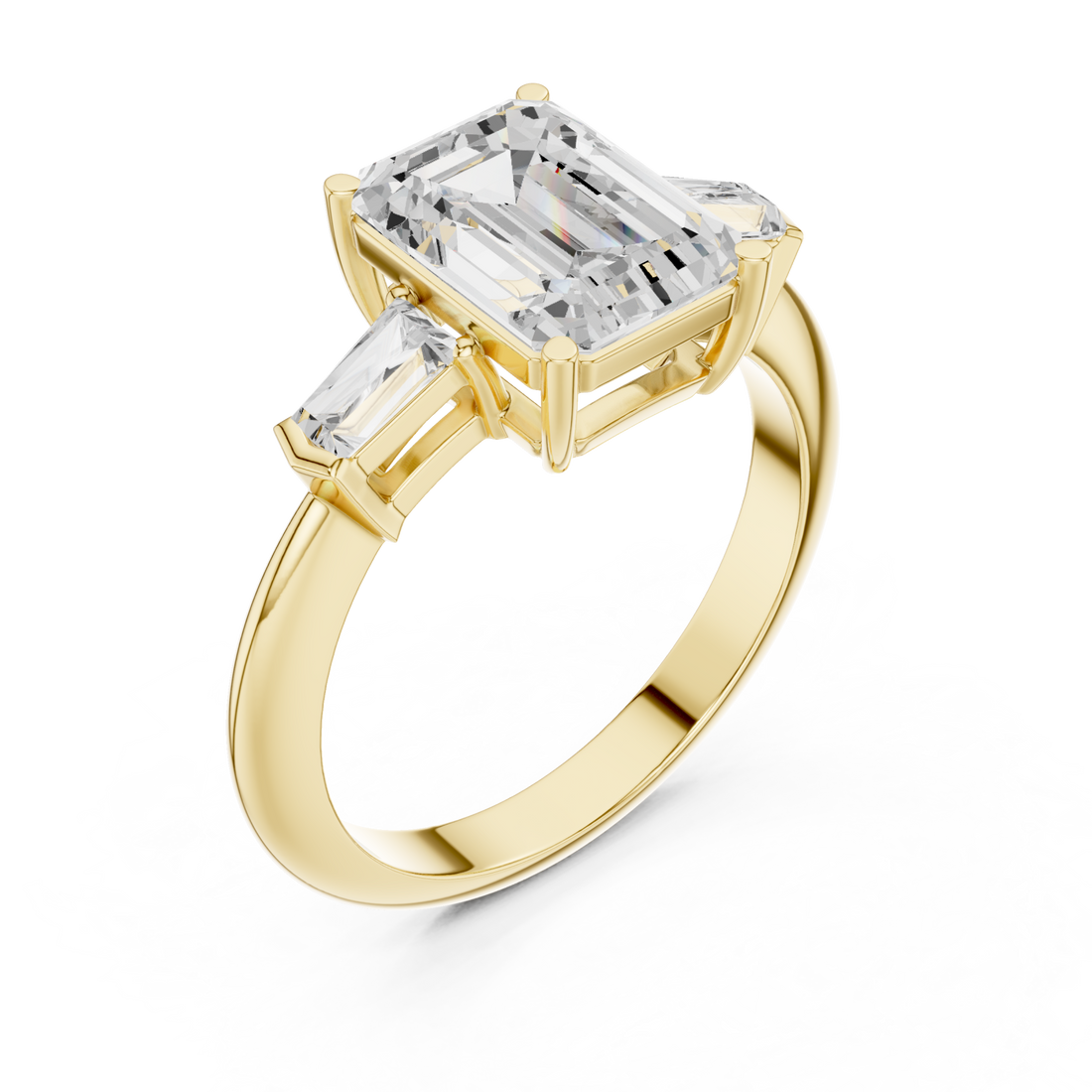 Emerald petite baguette three stone engagement ring yellow gold front view