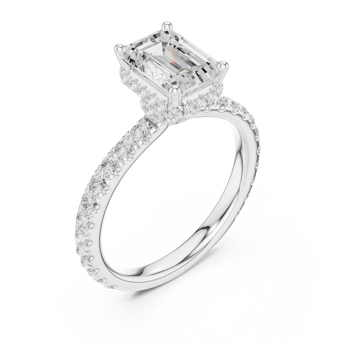 Emerald petite hidden halo pave engagement ring white gold front view