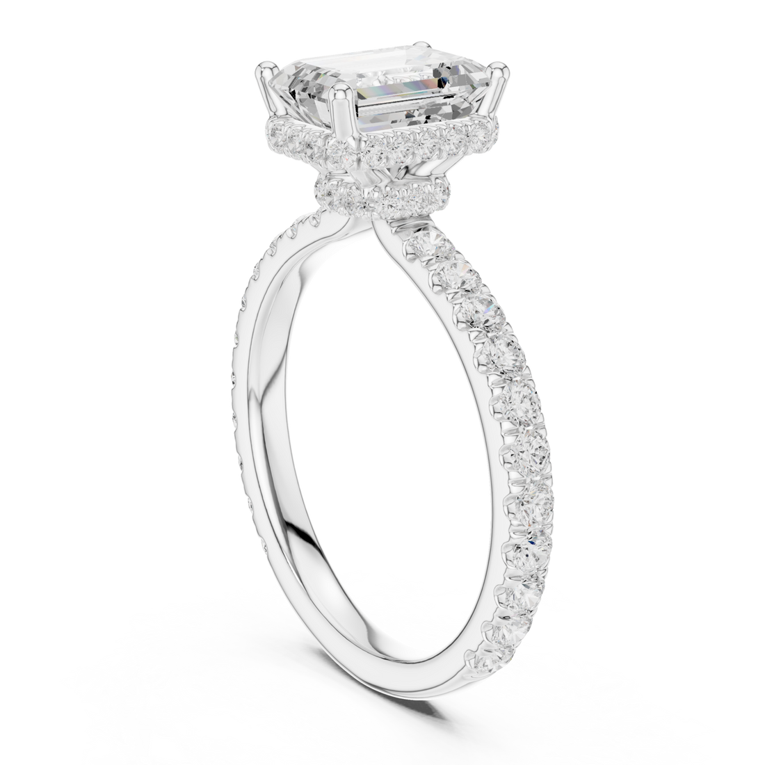 Emerald petite hidden halo pave engagement ring white gold front view